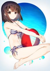 Rule 34 | 1girl, ball, bare legs, barefoot, beachball, bikini, breasts, brown eyes, brown hair, dutch angle, front-tie bikini top, front-tie top, halterneck, katou megumi, looking at viewer, medium breasts, medium hair, nakamura takeshi, navel, outside border, parted lips, saenai heroine no sodatekata, side-tie bikini bottom, sitting, solo, strap gap, string bikini, striped bikini, striped clothes, swimsuit, wariza