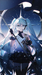Rule 34 | 1girl, black choker, black gloves, black shorts, black thighhighs, blue eyes, blue hair, choker, collarbone, dress, frilled dress, frills, gloves, hair between eyes, hatsune miku, highres, holding, long hair, looking at viewer, night, night sky, polaris miku, rella, short shorts, shorts, shorts under dress, sky, smile, solo, star (sky), starry sky, thighhighs, thighlet, twintails, very long hair, vocaloid