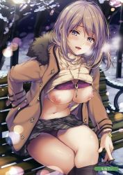 Rule 34 | 1girl, absurdres, artist name, bare tree, bench, blush, bra, bra lift, breasts, breasts out, breath, brown coat, brown hair, buttons, cameltoe, clothes lift, clothes pull, coat, crossed legs, fingernails, fur trim, hair between eyes, half-closed eyes, hand in pocket, highres, jewelry, large breasts, legs, long fingernails, long sleeves, looking at viewer, melonbooks, miniskirt, monety, nail polish, navel, necklace, night, nipples, open clothes, open coat, open mouth, outdoors, panties, pantyhose, pantyhose pull, pantyshot, park bench, pink nails, plaid, plaid skirt, purple eyes, ribbed sweater, scan, short hair, sitting, skirt, smile, snow, snowing, solo, steam, stomach, sweater, sweater lift, tongue, tree, turtleneck, turtleneck sweater, underwear, undressing, winter clothes, winter coat