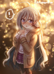 Rule 34 | !, 1girl, ahoge, backlighting, black pantyhose, blurry, blush, bokeh, boots, breath, brown coat, brown footwear, coat, depth of field, duffel coat, frilled skirt, frills, hair between eyes, hand on own chest, kantai collection, kiyoshimo (kancolle), knee boots, long hair, long sleeves, looking at viewer, mika (1020mk), nose blush, open clothes, open coat, own hands together, pantyhose, plaid, plaid skirt, pleated skirt, purple eyes, purple skirt, shirt, silver hair, skirt, sleeves past wrists, solo, sparkle, speech bubble, spoken exclamation mark, twitter username, very long hair, wavy hair, white shirt