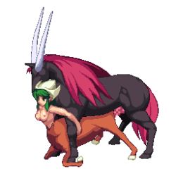 Rule 34 | 1girl, animated, animated gif, bestiality, bouncing breasts, breasts, censored, centaur, centauress, doggystyle, horns, horse, lowres, monster girl, penis, pixel art, sex, sex from behind, simple background, tail, taur, tobihime inter breed, topless, tougenkyo momo, vaginal, white background