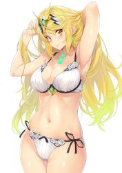 Rule 34 | 1girl, armpits, arms up, bikini, blonde hair, blush, bra, breasts, cleavage, commentary request, cowboy shot, gem, hair lift, head tilt, headpiece, highres, large breasts, long hair, looking at viewer, mythra (xenoblade), nagayori, navel, nintendo, panties, pink lips, ribbed bra, ribbed panties, shiny skin, side-tie panties, simple background, solo, standing, stomach, swept bangs, swimsuit, thighs, tiara, underwear, white background, white bra, white panties, xenoblade chronicles (series), xenoblade chronicles 2, yellow eyes