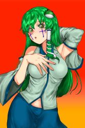 1girl, arm up, armpits, babus (nicoseiga56306120), bangs, blue skirt, collared shirt, commentary, cookie (touhou), cowboy shot, cross, facepaint, frog hair ornament, gradient, gradient background, green hair, hair ornament, hair tubes, hand on breast, highres, kochiya sanae, long hair, looking at viewer, nontraditional miko, open mouth, orange background, paseri (cookie), shirt, skirt, sleeveless, sleeveless shirt, snake hair ornament, solo, touhou, white shirt, yellow eyes