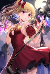 Rule 34 | 1girl, alternate costume, backlighting, blonde hair, crystal, detached sleeves, dress, flandre scarlet, holding, holding weapon, laevatein (touhou), one side up, outdoors, puffy short sleeves, puffy sleeves, red dress, scarlet devil mansion, short hair, short hair with long locks, short sleeves, solo, sun, touhou, uemura shun, weapon, wings