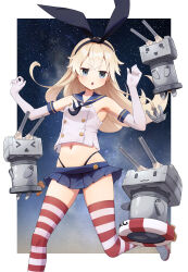 1girl absurdres anchor_hair_ornament black_hairband black_neckerchief black_panties blonde_hair blue_eyes blue_skirt breasts elbow_gloves gloves hair_ornament hairband highleg highleg_panties highres horizontal-striped_thighhighs illyachi kantai_collection lifebuoy long_hair microskirt navel neckerchief panties pleated_skirt rensouhou-chan shimakaze_(kancolle) skirt small_breasts striped_clothes striped_thighhighs swim_ring thighhighs thong underwear white_gloves