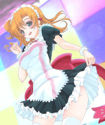 Rule 34 | 10s, 1girl, :d, apron, bangle, blue eyes, blush, bow, bowtie, bracelet, breasts, clenched hand, dress, earrings, frapowa, frilled dress, frills, jewelry, kosaka honoka, looking at viewer, love live!, love live! school idol festival, love live! school idol project, maid, maid headdress, one side up, open mouth, orange hair, puffy short sleeves, puffy sleeves, red bow, red bowtie, sash, short sleeves, skirt, skirt hold, smile, solo, sparkle