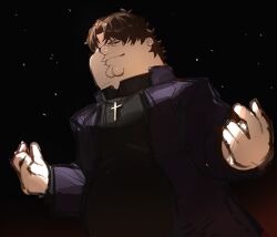 Rule 34 | absurdres, black robe, brown hair, cleft chin, closed mouth, cosplay, cross, cross necklace, family guy, highres, jewelry, kotomine kirei, kotomine kirei (cosplay), kowai (iamkowai), male focus, necklace, peter griffin, robe, short hair
