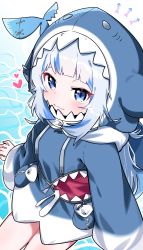 Rule 34 | 1girl, :3, animal hood, blue eyes, blue hair, blue hoodie, closed mouth, commentary, drawstring, fins, fish skeleton, fish tail, gawr gura, gawr gura (1st costume), highres, hololive, hololive english, hood, hood up, hoodie, long sleeves, multicolored hair, shark hood, shark tail, silver hair, sitting, sleeves past wrists, smile, solo, streaked hair, tail, tosyeo, virtual youtuber, water, wide sleeves