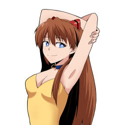 Rule 34 | 1girl, armpits, arms behind head, arms up, bare arms, bare shoulders, blue eyes, breasts, brown hair, cleavage, dress, hair between eyes, highres, interface headset, lips, long hair, looking at viewer, medium breasts, neon genesis evangelion, sashimi (sasihmi), smile, solo, souryuu asuka langley, two side up, very long hair, yellow dress
