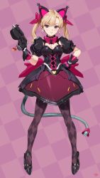 Rule 34 | 1girl, animal ears, argyle, argyle clothes, argyle legwear, armor, armored dress, black cat d.va, black dress, black footwear, black gloves, blonde hair, blush, breasts, cat ears, checkered background, cleavage, commentary request, d.va (overwatch), dress, earrings, full body, gloves, gothic lolita, gun, hair between eyes, hand on own hip, handgun, high heels, highres, holding, holding gun, holding weapon, jewelry, korean commentary, legs apart, lolita fashion, looking at viewer, medium breasts, official alternate costume, overwatch, overwatch 1, pistol, puffy short sleeves, puffy sleeves, purple background, purple eyes, short sleeves, signature, solo, standing, tail, twintails, weapon, yd (orange maru)