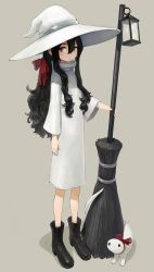 Rule 34 | 1girl, absurdres, black footwear, black hair, boots, bow, broom, brown background, brown eyes, closed mouth, commentary request, creature, eyebrows hidden by hair, full body, gregor (tsurunoka), hair between eyes, hair bow, hat, highres, holding, holding broom, lantern, lead white (tsurunoka), long hair, long sleeves, looking at viewer, original, red bow, robe, shadow, sidelocks, solo, standing, tsumetai (tsurunoka), very long hair, white hat, white robe, wide sleeves, witch hat