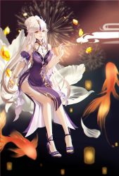 Rule 34 | 1girl, absurdres, aerial fireworks, arm garter, bracelet, breasts, chinese commentary, cleavage, commentary request, dress, ear piercing, fireworks, fish, full body, genshin impact, gradient hair, grey hair, hair bun, hair ornament, hand up, high heels, highres, hip vent, holding, holding smoking pipe, jewelry, koi, lantern, large breasts, lips, lipstick, long hair, looking at viewer, makeup, multicolored hair, ningguang (genshin impact), ningguang (orchid&#039;s evening gown) (genshin impact), official alternate costume, paper lantern, parted bangs, parted lips, piercing, purple dress, purple footwear, red eyes, sidelocks, sleeveless, sleeveless dress, smile, smoking pipe, solo, very long hair, white hair, yellow gemstone, zoe (user nfrc5473)