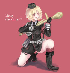 Rule 34 | 1girl, absurdres, black footwear, black gloves, black hat, black jacket, black necktie, blonde hair, blush, boots, english text, girls&#039; frontline, gloves, hat, heart, heart print, high-explosive anti-tank (warhead), highres, holding, holding weapon, holster, jacket, looking away, man-portable anti-tank systems, martinreaction, merry christmas, military, military hat, military jacket, military uniform, mp40 (girls&#039; frontline), necktie, open mouth, panzerfaust, purple background, purple eyes, recoilless gun, shirt, short hair, sitting, smile, solo, uniform, weapon, white shirt