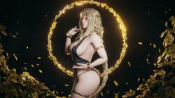 Rule 34 | 1girl, absurdres, armlet, ass, black dress, blender (medium), blonde hair, braid, braided ponytail, breasts, circlet, dress, elden ring, elden ring (object), from side, gold bracelet, gold nails, highres, jewelry, large breasts, leaf, long hair, necklace, paid reward available, queen marika the eternal, ryanreos, sideboob, single hair tube, solo, thighlet, thighs, yellow eyes