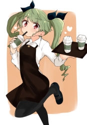 Rule 34 | 1girl, alternate costume, anchovy (girls und panzer), apron, barashiya, black apron, black pantyhose, black skirt, blush, brown background, coffee, collared shirt, cup, disposable cup, drill hair, drinking, drinking straw, girls und panzer, green hair, heart, highres, holding, holding cup, holding tray, leg up, long hair, long sleeves, looking at viewer, mary janes, miniskirt, outside border, pantyhose, red eyes, shirt, shoes, skirt, solo, standing, standing on one leg, tray, twin drills, twintails, waitress, white shirt