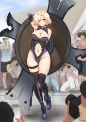 Rule 34 | 1girl, 6+boys, ankle boots, bare shoulders, black footwear, black hair, black thighhighs, blonde hair, blue eyes, blush, boots, breasts, camera, cellphone, cleavage, cleavage cutout, clothing cutout, collar, cosplay, fate/grand order, fate (series), full body, hasumi (kinhasu), high heel boots, high heels, highleg, highleg leotard, kinhasu, large breasts, leotard, mash kyrielight, mash kyrielight (cosplay), multiple boys, navel, navel cutout, on one knee, original, parted bangs, phone, shield, short hair, smartphone, smile, solo focus, standing, standing on one leg, swept bangs, taking picture, thigh strap, thighhighs, weapon