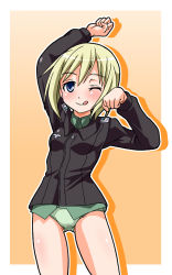 Rule 34 | 1girl, ;d, ;q, blonde hair, blue eyes, cowboy shot, doku donguri, erica hartmann, military, military uniform, one eye closed, open mouth, panties, short hair, smile, solo, stretching, strike witches, tongue, tongue out, underwear, uniform, wink, world witches series