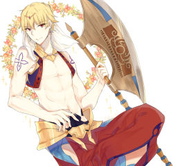 Rule 34 | 1boy, abs, armor, axe, bare shoulders, blonde hair, fate/grand order, fate/stay night, fate (series), flower, gilgamesh (fate), gilgamesh (caster) (fate), hair ornament, highres, male focus, navel, pants, red eyes, short hair, smile, tattoo, veil, vest, weapon