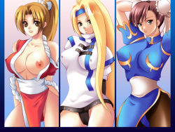Rule 34 | 3girls, arc system works, artist request, blonde hair, blue eyes, breasts, brown eyes, brown hair, capcom, chun-li, cowboy shot, crossover, female focus, gradient background, guilty gear, long hair, millia rage, multiple girls, nipples, open clothes, panties, shiranui mai, snk, standing, street fighter, the king of fighters, underwear, very long hair