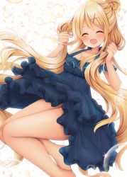 Rule 34 | 1girl, :d, ^ ^, bare shoulders, barefoot, blonde hair, blue dress, blush, breasts, bubble, cleavage, closed eyes, collarbone, commentary request, dress, facing viewer, feet out of frame, hair bun, hair ornament, hairclip, halterneck, head tilt, highres, holding, holding own hair, kin-iro mosaic, kujou karen, long hair, medium breasts, minato ojitan, open mouth, single hair bun, sleeveless, sleeveless dress, smile, solo, thighs, very long hair, x hair ornament