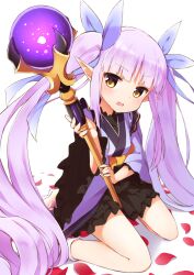 Rule 34 | 1girl, blunt bangs, elf, frilled skirt, frills, highres, hiyaya (kochi michikaze), holding, holding staff, japanese clothes, kyouka (princess connect!), long hair, long sleeves, looking at viewer, obi, open mouth, petals, pointy ears, princess connect!, purple hair, sash, sidelocks, simple background, sitting, skirt, staff, twintails, very long hair, wariza, white background, yellow eyes