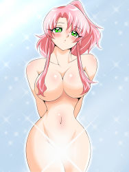 Rule 34 | 1girl, arms behind back, blue background, blush, breasts, censored, convenient censoring, curvy, glowing, gradient background, green eyes, hair censor, hair over breasts, highres, inabakun00, large breasts, long hair, looking at viewer, navel, nude, original, parted lips, pink hair, ponytail, rio (inaba), solo, sparkle, sparkle background, standing, wide hips