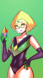 Rule 34 | 1girl, :3, alternate costume, cartoon network, crystal, elbow gloves, forehead jewel, gloves, green background, green eyes, green hair, hand on own hip, highres, leotard, looking at viewer, matching hair/eyes, peridot (steven universe), solo, steven universe, visor, zxc