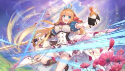 Rule 34 | 1girl, armor, blue eyes, cloud, cloudy sky, crown, dress, flower, food, gloves, holding, holding food, holding sword, holding weapon, official art, onigiri, orange hair, pecorine (princess connect!), petals, princess connect!, sky, sword, weapon