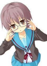 Rule 34 | 00s, adjusting eyewear, amaa (chou dennou jidai), glasses, nagato yuki, school uniform, serafuku, solo, suzumiya haruhi no yuuutsu