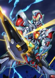 Rule 34 | clenched hands, gamiani zero, gridman (ssss), gridman universe, highres, holding, holding sword, holding weapon, lightning bolt symbol, looking ahead, mecha, no humans, robot, solo, ssss.gridman, sunrise stance, sword, weapon, yellow eyes