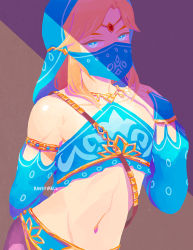 Rule 34 | 1boy, blonde hair, blue eyes, circlet, crossdressing, detached sleeves, gerudo set (zelda), jewelry, link, looking at viewer, male focus, midriff, mouth veil, navel, necklace, nintendo, official alternate costume, ravefirell, shade, solo, stomach, the legend of zelda, the legend of zelda: breath of the wild, trap, upper body, veil
