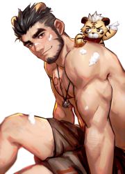 Rule 34 | 1boy, alca (wakatanka4), animal ears, bara, beard, black hair, blush, brown pants, commission, creature, creature on shoulder, facial hair, food, food on body, food on face, greenteaa, head tilt, highres, jewelry, leaning forward, lion boy, lion ears, lion tail, male focus, mature male, muscular, muscular male, necklace, nipples, on shoulder, original, pants, pectorals, red eyes, short hair, smile, solo, tail, thick eyebrows, topless male