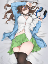 Rule 34 | 1girl, absurdres, arm above head, bed sheet, black pantyhose, blue eyes, blush, breasts, brown hair, cleavage, clothes pull, commentary, covered erect nipples, eaz (dcex5335), english commentary, go-toubun no hanayome, green skirt, headphones, highres, holding, holding headphones, large breasts, long hair, looking at viewer, lying, nakano miku, navel, on back, panties, pantyhose, pantyhose pull, parted lips, pillow, shirt, skirt, solo, underwear, white panties, white shirt