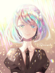 Rule 34 | 10s, 1other, androgynous, black necktie, canarinu, character name, colored eyelashes, diamond (houseki no kuni), gem uniform (houseki no kuni), houseki no kuni, looking at viewer, multicolored eyes, multicolored hair, necktie, parted lips, puffy short sleeves, puffy sleeves, short hair, short sleeves, simple background, smile, solo, sparkle, swept bangs, uniform, upper body