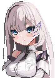 Rule 34 | 1girl, black necktie, blue eyes, blush stickers, breasts, cecil (nikke), closed mouth, detached sleeves, frown, goddess of victory: nikke, grey hair, konatae, large breasts, long hair, looking at viewer, necktie, pixel art, shirt, short necktie, solo, white shirt