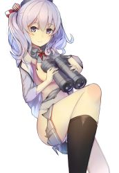 Rule 34 | 10s, 1girl, beret, binoculars, black socks, blue eyes, breasts, gin00, hat, highres, kantai collection, kashima (kancolle), kneehighs, large breasts, looking at viewer, panties, pleated skirt, silver hair, simple background, skirt, socks, solo, torn clothes, underwear, white background, white panties