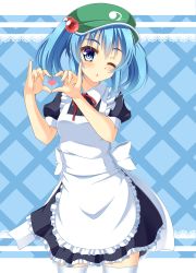 Rule 34 | 1girl, alternate costume, apron, blue eyes, blue hair, commentary request, enmaided, frilled apron, frills, green hat, hair bobbles, hair ornament, hat, heart, heart hands, highres, houkiboshi, kawashiro nitori, looking at viewer, maid, one eye closed, puffy short sleeves, puffy sleeves, red neckwear, red ribbon, ribbon, short sleeves, solo, thighhighs, touhou, two side up, white thighhighs, zettai ryouiki