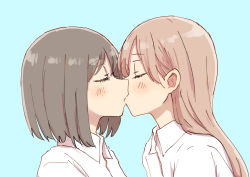 Rule 34 | 2girls, absurdres, betock, blue background, blush, brown hair, collared shirt, commentary request, closed eyes, highres, kiss, long hair, multiple girls, original, shirt, short hair, simple background, upper body, white shirt, yuri