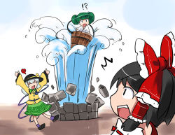 Rule 34 | !?, 3girls, ^ ^, arms up, bucket, closed eyes, closed eyes, female focus, geyser, hakurei reimu, hirosato, in bucket, in container, kisume, komeiji koishi, multiple girls, outstretched arms, ^^^, touhou, water, well