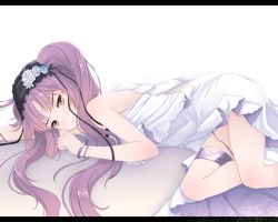 Rule 34 | 1girl, :&gt;, bangle, bead bracelet, beads, black ribbon, bonnet, bracelet, brown eyes, closed mouth, dress, euryale (fate), fate/grand order, fate (series), frills, jewelry, kiyomin, letterboxed, long hair, looking at viewer, lying, on stomach, purple hair, ribbon, smile, solo, twintails, wavy hair, white dress