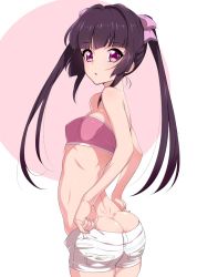Rule 34 | 1girl, ass, bare shoulders, black hair, blunt bangs, breasts, butt crack, commentary request, cowboy shot, dimples of venus, from side, hair ribbon, kurihara kenshirou, long hair, midriff, parted lips, pink eyes, ribbon, senki zesshou symphogear, shiny skin, short shorts, shorts, sidelocks, simple background, small breasts, solo, strapless, tsukuyomi shirabe, tube top, twintails, twisted torso