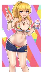 Rule 34 | 1girl, :d, bangle, bare shoulders, bikini, blonde hair, blue eyes, blue shorts, blush, bracelet, breasts, cleavage, collarbone, commentary request, cup, feet out of frame, flower, front-tie bikini top, front-tie top, hair flower, hair ornament, highres, holding, holding cup, holding spoon, idolmaster, idolmaster cinderella girls, jewelry, long hair, looking at viewer, manme, medium breasts, navel, ohtsuki yui, open fly, open mouth, ponytail, rainbow bikini, short shorts, shorts, side-tie bikini bottom, sidelocks, smile, solo, spoon, standing, star (symbol), stomach, swimsuit, teeth, thighs, unbuttoned, unzipped, upper teeth only, wavy hair, zipper, zipper pull tab