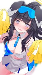 Rule 34 | 1girl, absurdres, animal ears, black hair, blue archive, blue eyes, blush, breasts, cheerleader, cleavage, clothes writing, dog ears, dog girl, goggles, goggles on head, halo, hibiki (blue archive), hibiki (cheer squad) (blue archive), highres, long hair, looking at viewer, medium breasts, millennium cheerleader outfit (blue archive), musou yuchi, open mouth, pleated skirt, pom pom (cheerleading), ponytail, simple background, skirt, solo, star (symbol), sticker, sticker on face