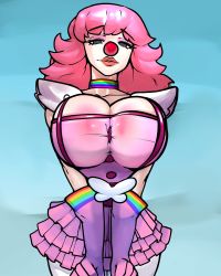 Rule 34 | 1girl, absurdres, ace attorney, areola slip, black eyes, breast press, breasts, choker, cleavage cutout, clothing cutout, clown girl, clown nose, female focus, geiru toneido, gloves, high heels, highres, huge breasts, large breasts, lipstick, long hair, looking at viewer, makeup, multicolored clothes, nipple slip, nipples, pink hair, revealing clothes, skirt, solo, struggling, suspender skirt, suspenders