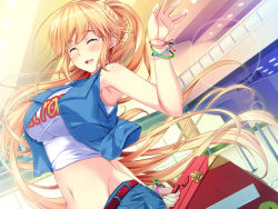 Rule 34 | 1girl, anna belmonte, armpits, belt, blonde hair, blush, breasts, closed eyes, female focus, game cg, happy, jacket, large breasts, long hair, luggage, marushin (denwa0214), midriff, mole, navel, open mouth, ponytail, shorts, smile, solo, standing, supokon! sports wear complex, very long hair