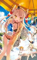 Rule 34 | 10s, 3girls, :d, ^ ^, alternate costume, amatsukaze (kancolle), anchor, arms up, barefoot, batsubyou, beach umbrella, bikini, black bikini, blonde hair, blush, brand name imitation, brown eyes, brown hair, can, cannon, carrying overhead, chestnut mouth, closed eyes, contrail, day, eretto, error musume, closed eyes, fang, girl holding a cat (kancolle), green eyes, hair ornament, hairband, hat, holding, holding can, kantai collection, leaning forward, long hair, looking at viewer, multiple girls, navel, open mouth, outstretched arms, palm tree, rensouhou-chan, rensouhou-kun, shimakaze (kancolle), short hair, shoshinsha mark, side-tie bikini bottom, silver hair, smile, smoke, swimsuit, tattoo, tree, twintails, two side up, umbrella, yukikaze (kancolle)