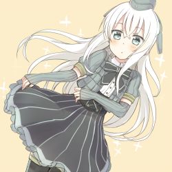 Rule 34 | 10s, 1girl, alternate costume, black bow, black bowtie, blue eyes, bow, bowtie, commentary request, dress, elbow gloves, eyebrows, fingerless gloves, garrison cap, gloves, hat, kantai collection, long hair, looking at viewer, military, military uniform, nonono (mino), platinum blonde hair, simple background, skirt, solo, u-511 (kancolle), uniform