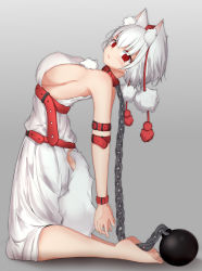 1girl absurdres animal_ear_fluff animal_ears barefoot bdsm belt blouse blush bondage bound breasts chain clothing_cutout collar from_side grey_background hair_between_eyes hat highres inubashiri_momiji large_breasts leather looking_at_viewer mamo_murata pom_pom_(clothes) red_eyes shirt short_hair sideboob silver_hair simple_background solo tagme tail tail_through_clothes tokin_hat touhou white_shirt wolf_ears wolf_tail