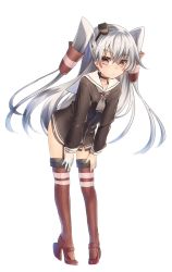 Rule 34 | 10s, 1girl, amatsukaze (kancolle), asymmetrical gloves, bent over, black shirt, brown eyes, brown thighhighs, collar, dress, dress shirt, garter straps, gloves, hair ornament, kantai collection, keita (tundereyuina), long hair, looking at viewer, microdress, sailor dress, shimakaze (kancolle), shirt, silver hair, simple background, solo, thighhighs, uneven gloves, white background, white gloves
