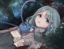 Rule 34 | 1girl, arms at sides, blouse, blue eyes, blue flower, blue rose, bow, brooch, bush, capelet, commentary, eyebrows hidden by hair, flower, green capelet, green hair, green skirt, highres, jewelry, komeiji koishi, lace, lace-trimmed capelet, lace trim, looking at viewer, lying, medium hair, mokokiyo (asaddr), no headwear, on back, parted bangs, parted lips, rose, shirt, skirt, solo, teeth, third eye, touhou, upper body, upper teeth only, waist bow, white bow, white flower, white rose, white shirt